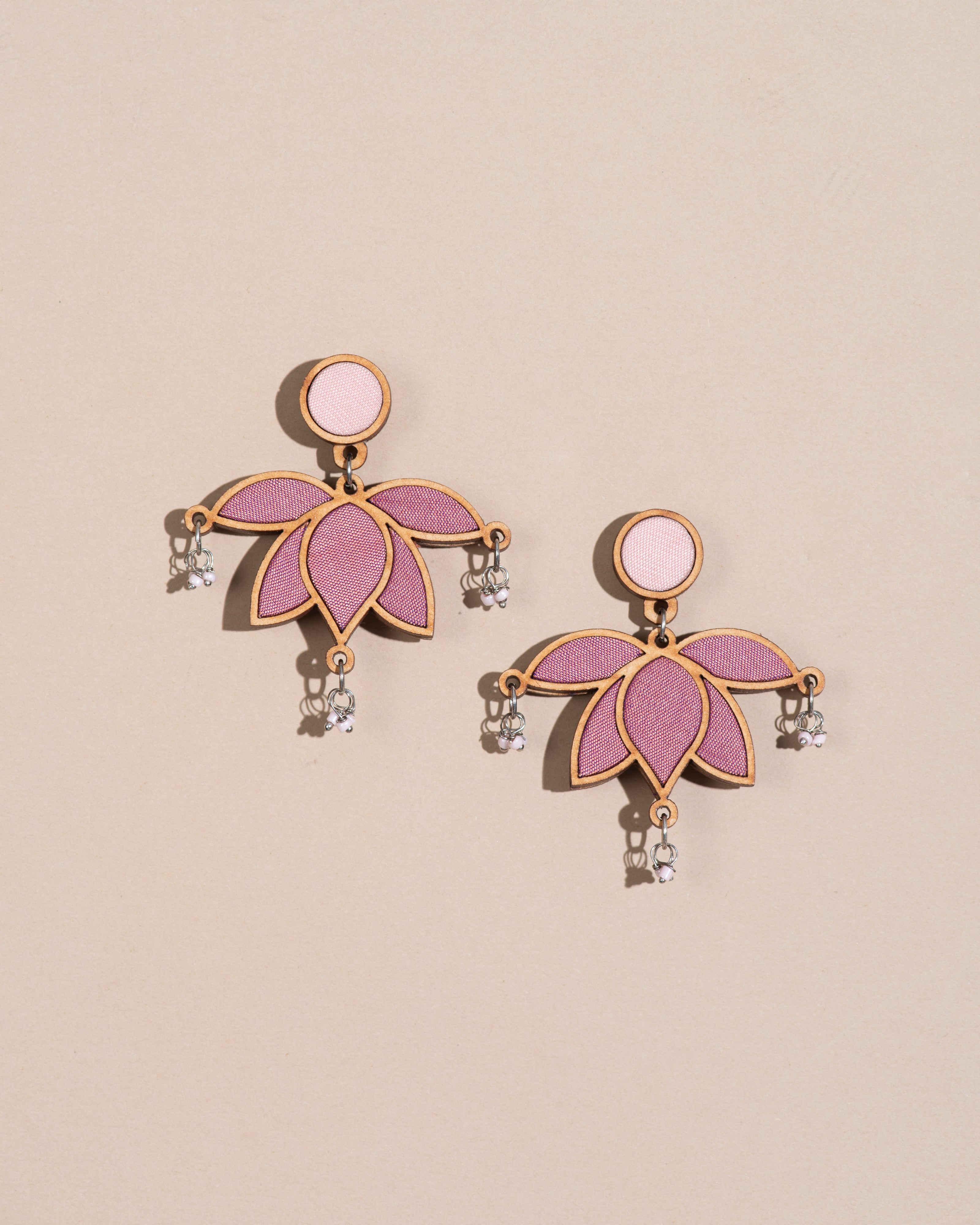 WHE Pink Festive Lotus Repurposed Fabric and Wood Statement Earrings