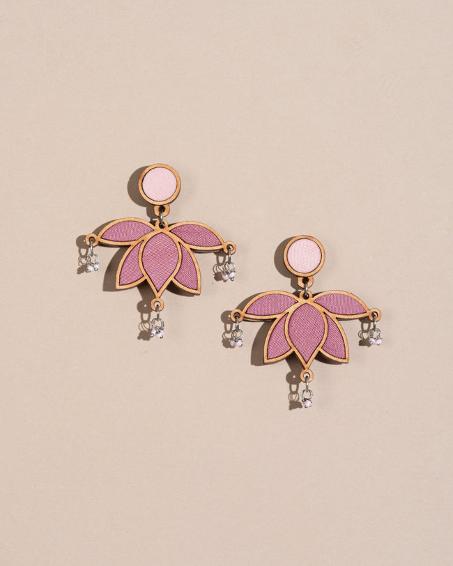WHE Pink Festive Lotus Repurposed Fabric and Wood Statement Earrings