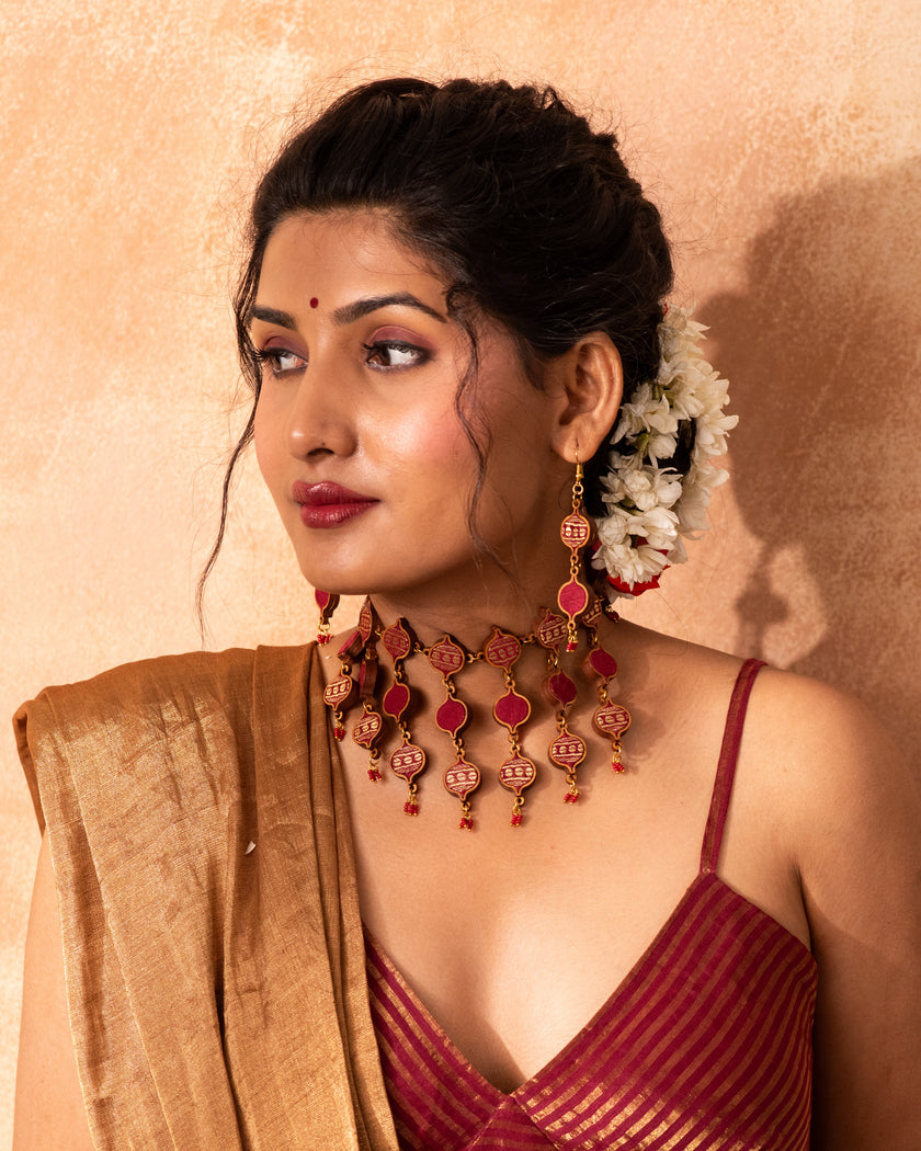 WHE Red and Gold Festive Multi Layered Repurposed Fabric and Wood Earrings