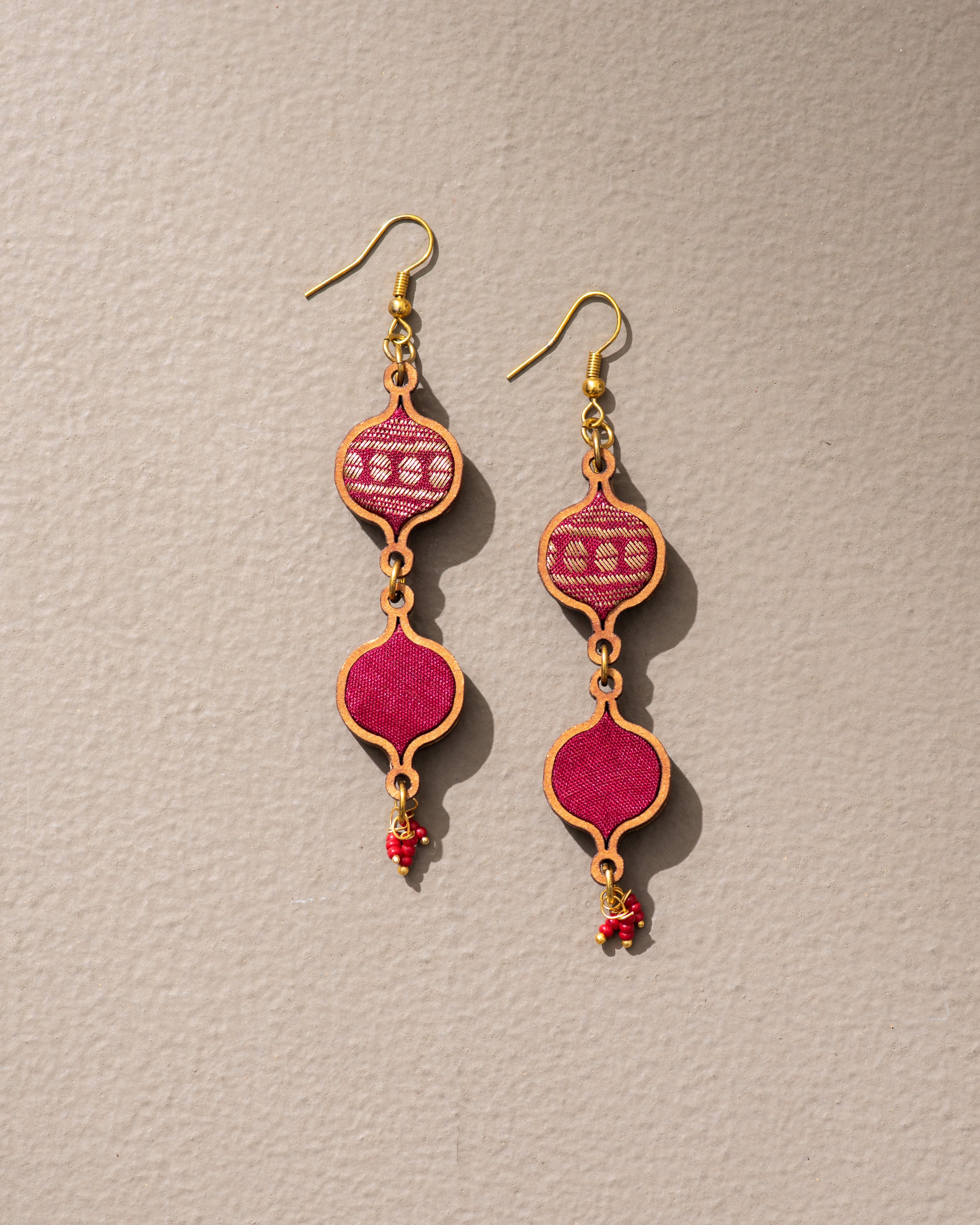 WHE Red and Gold Festive Multi Layered Repurposed Fabric and Wood Earrings