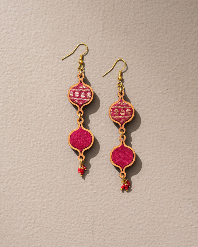 WHE Red and Gold Festive Multi Layered Repurposed Fabric and Wood Earrings