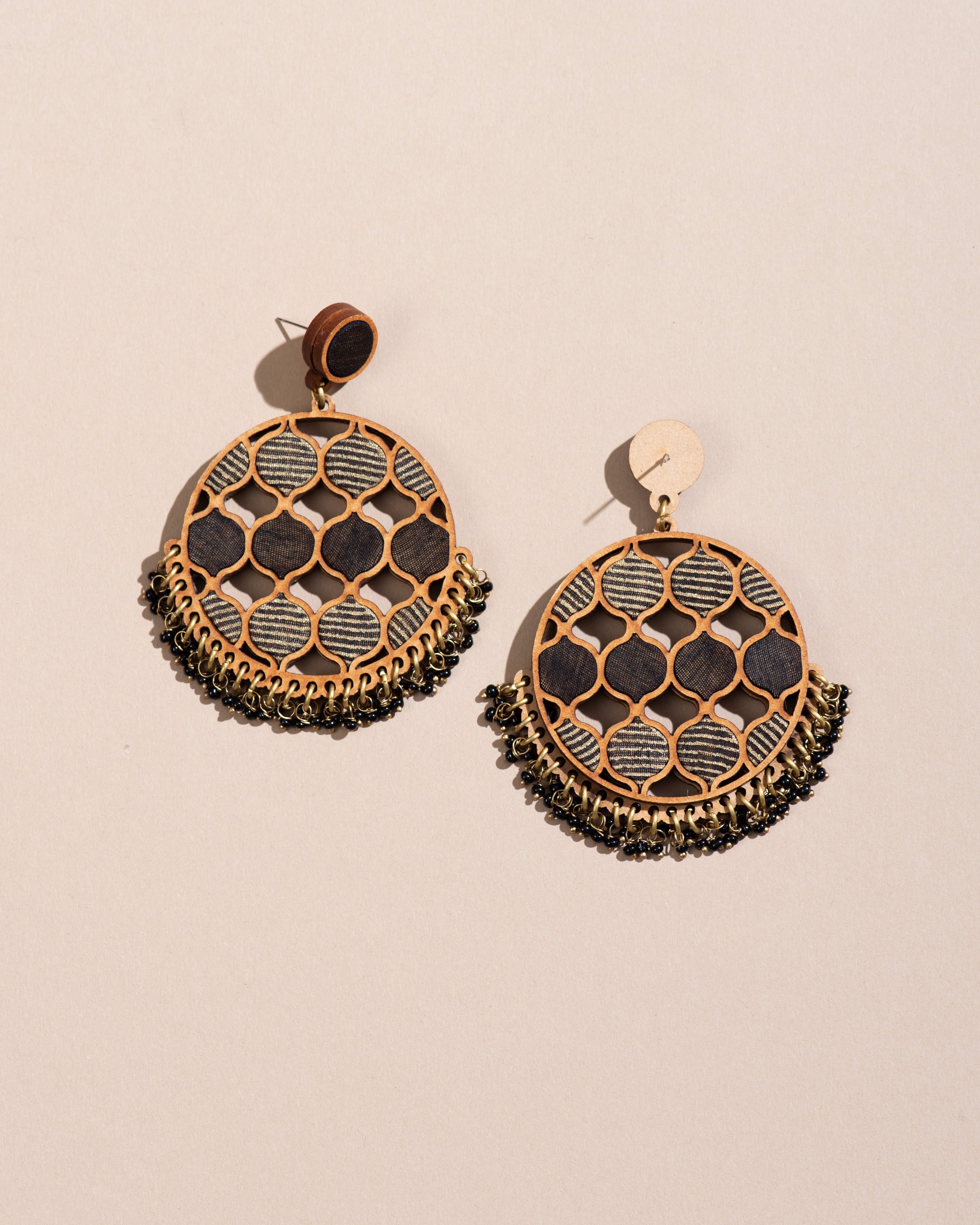 WHE Black Festive Round Repurposed Fabric and Wood Earrings