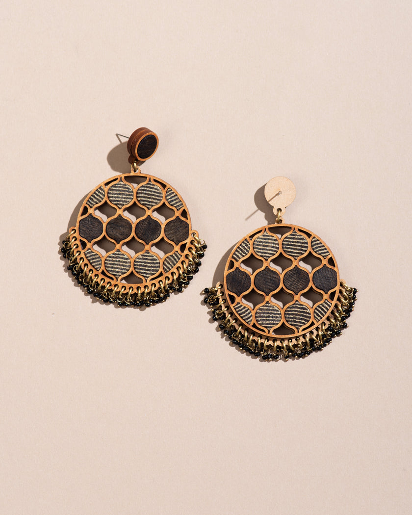 WHE Black Festive Round Repurposed Fabric and Wood Earrings
