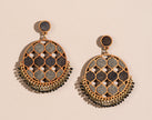 WHE Black Festive Round Repurposed Fabric and Wood Earrings
