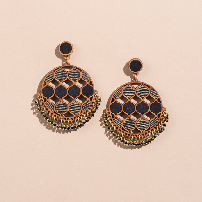 WHE Black Festive Round Repurposed Fabric and Wood Earrings