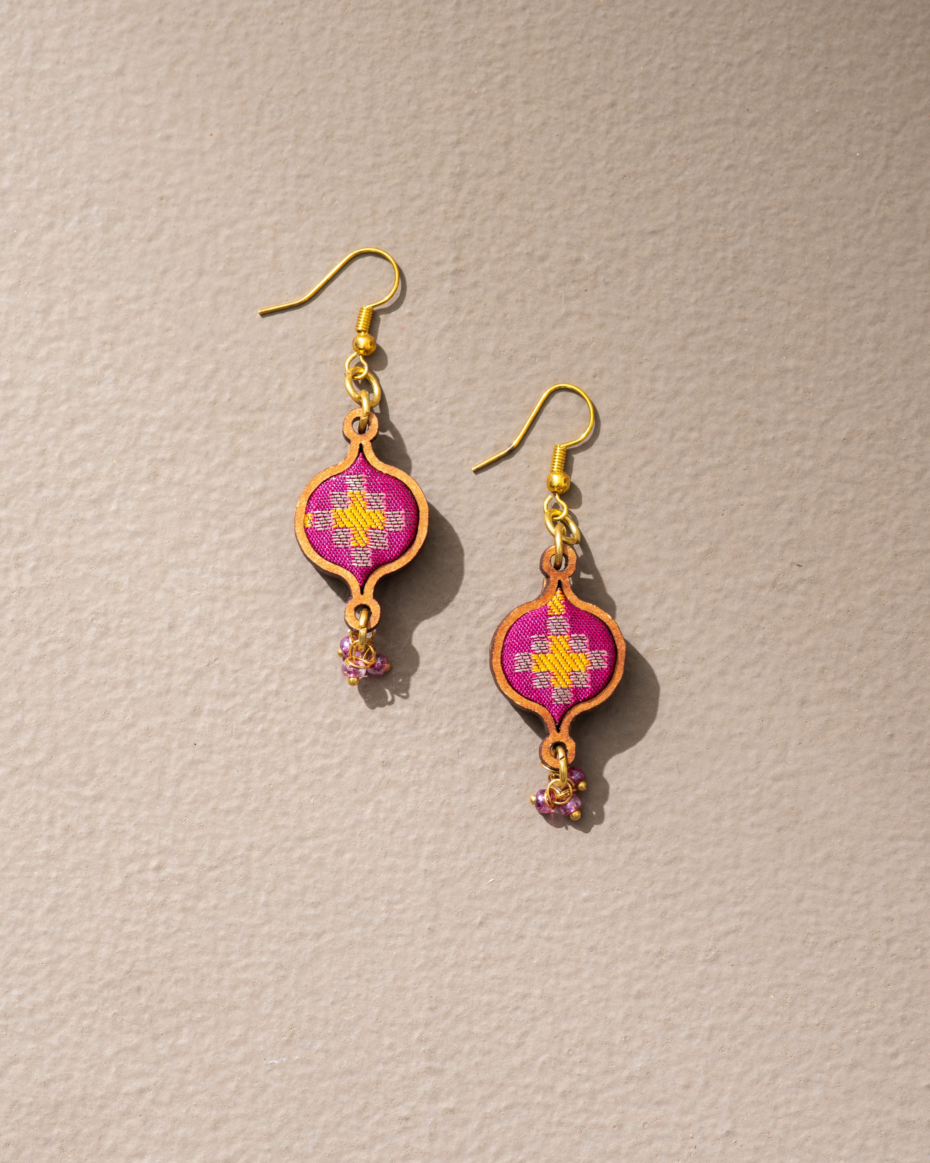 WHE Pink Festive Repurposed Fabric and Wood Earrings