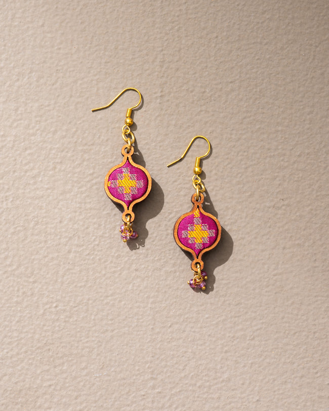 WHE Pink Festive Repurposed Fabric and Wood Earrings