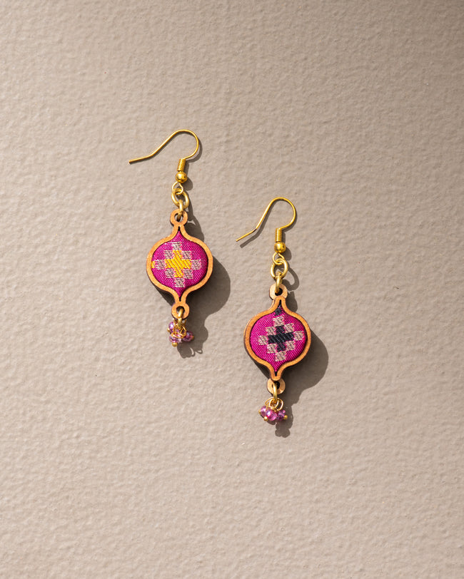 WHE Pink Festive Repurposed Fabric and Wood Earrings