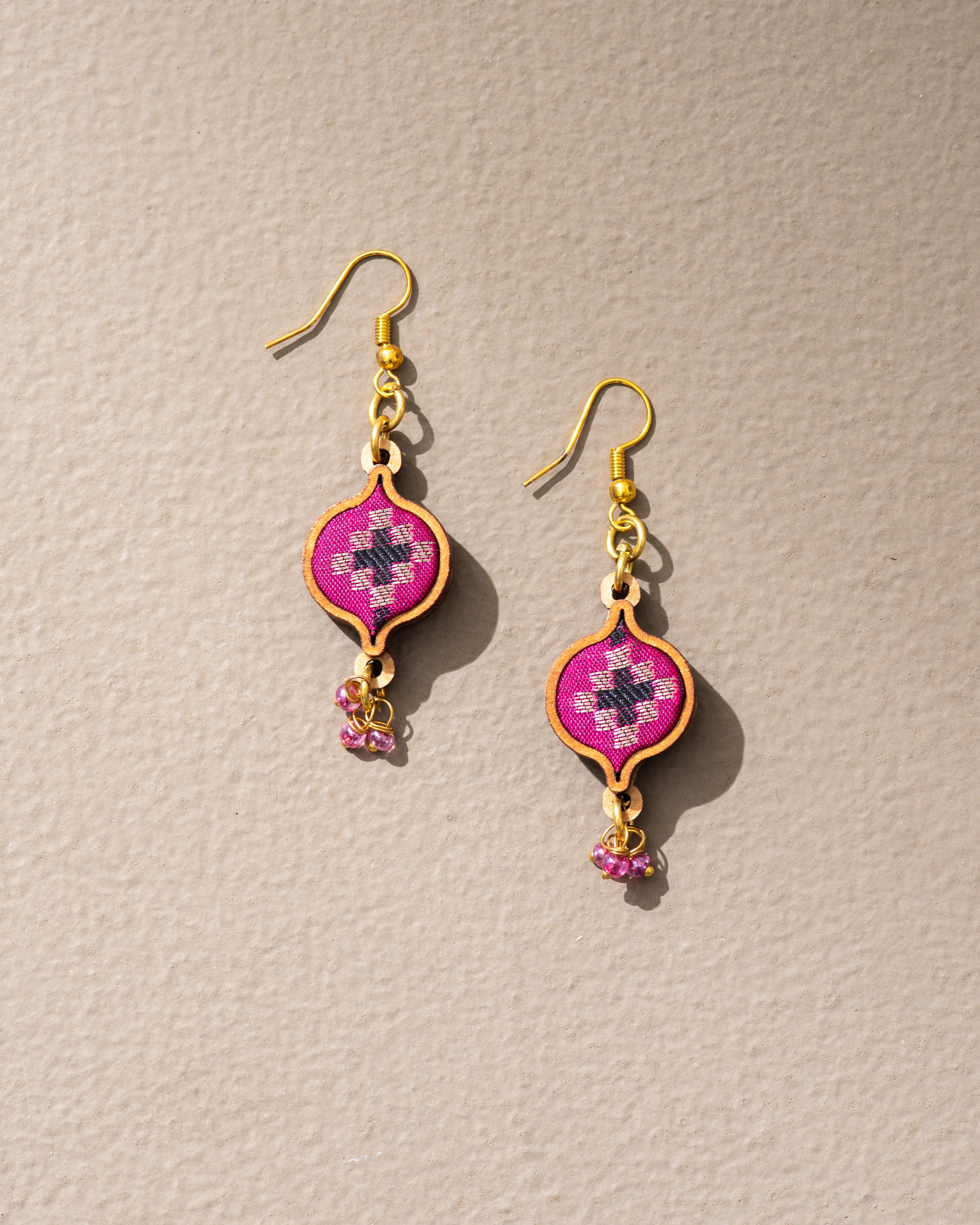 WHE Pink Festive Repurposed Fabric and Wood Earrings