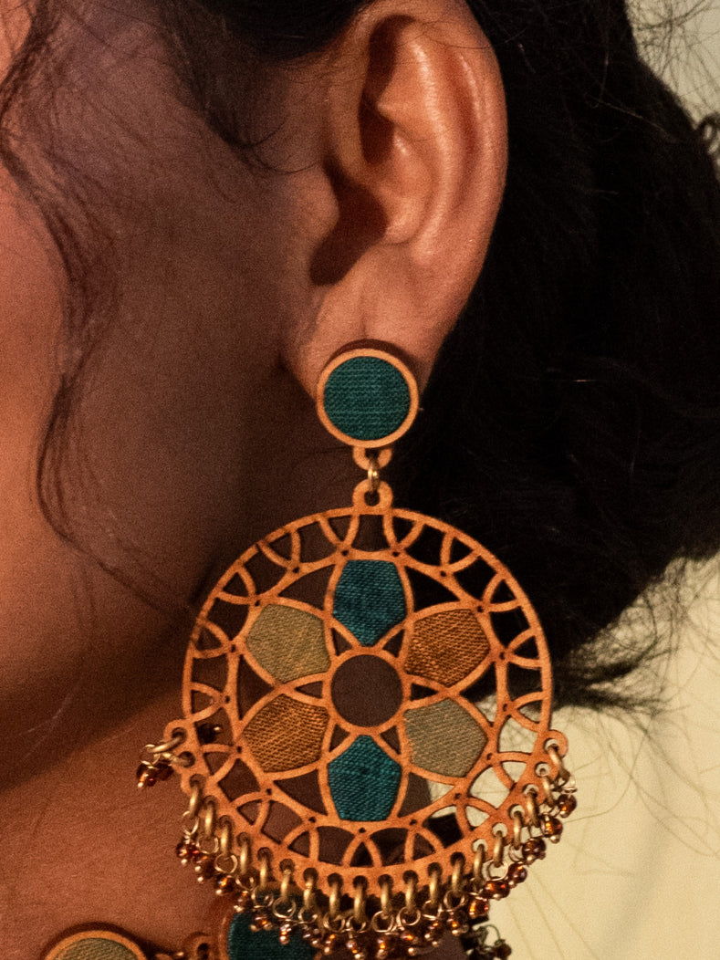 WHE Green Wheel Repurposed Fabric and Wood Earrings