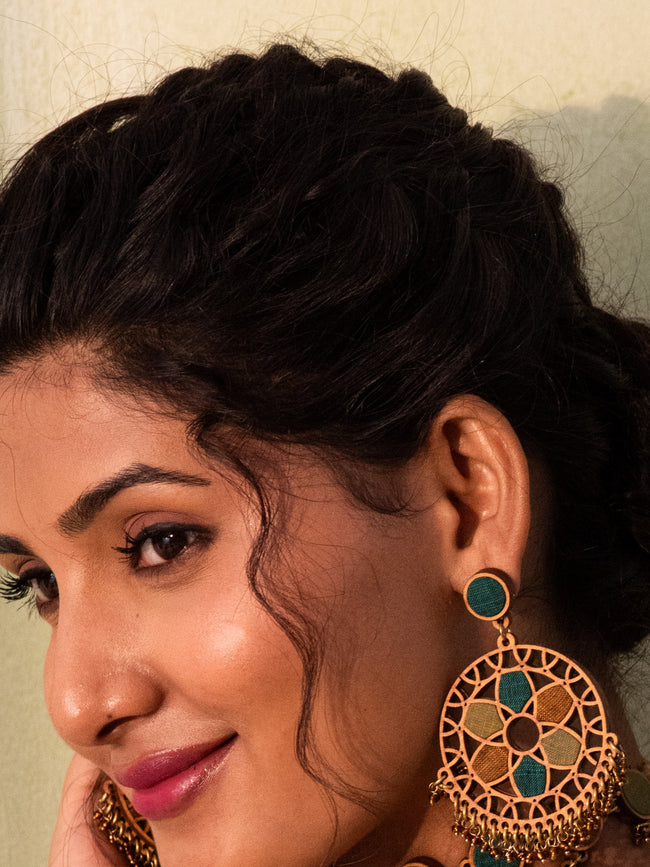 WHE Green Wheel Repurposed Fabric and Wood Earrings