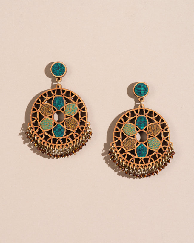 WHE Green Wheel Repurposed Fabric and Wood Earrings