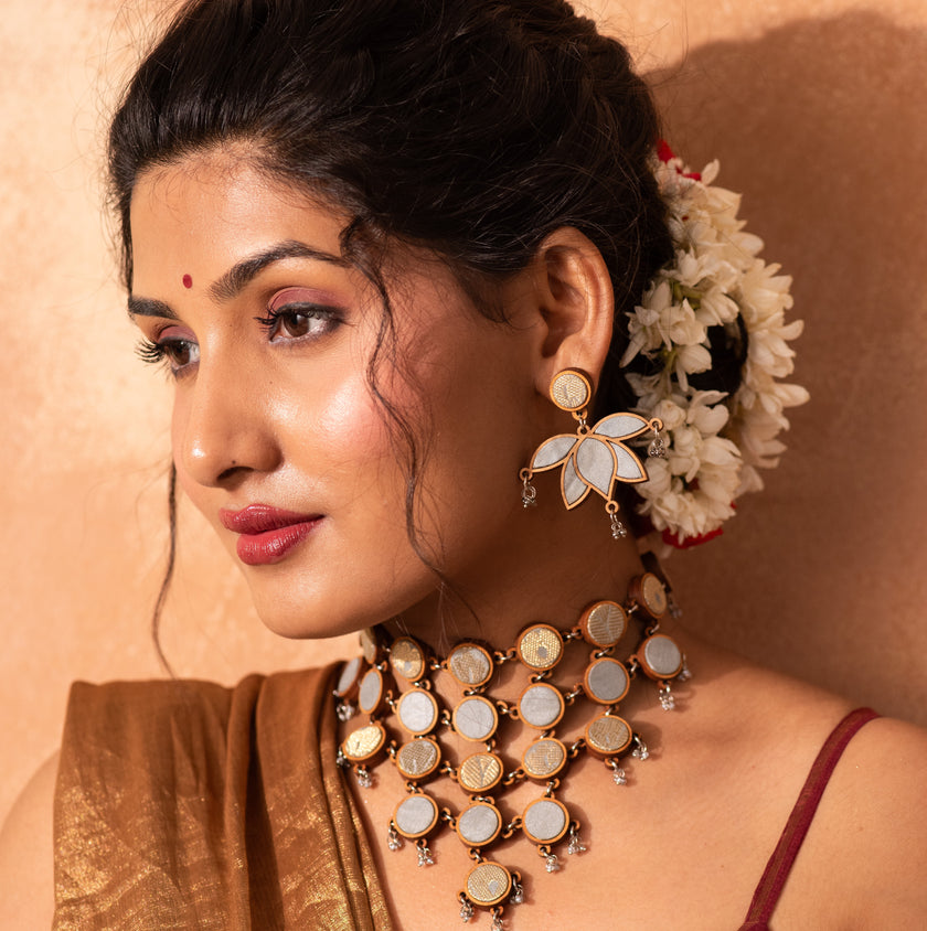 WHE Grey Gold Lotus Repurposed Fabric and Wood Statement Earrings