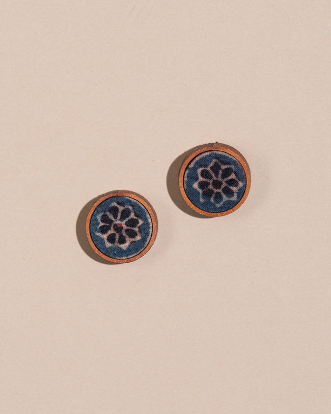 WHE Blue Ajrakh Round Repurposed Fabric and Wood Stud