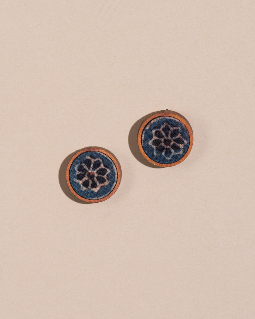 WHE Blue Ajrakh Round Repurposed Fabric and Wood Stud