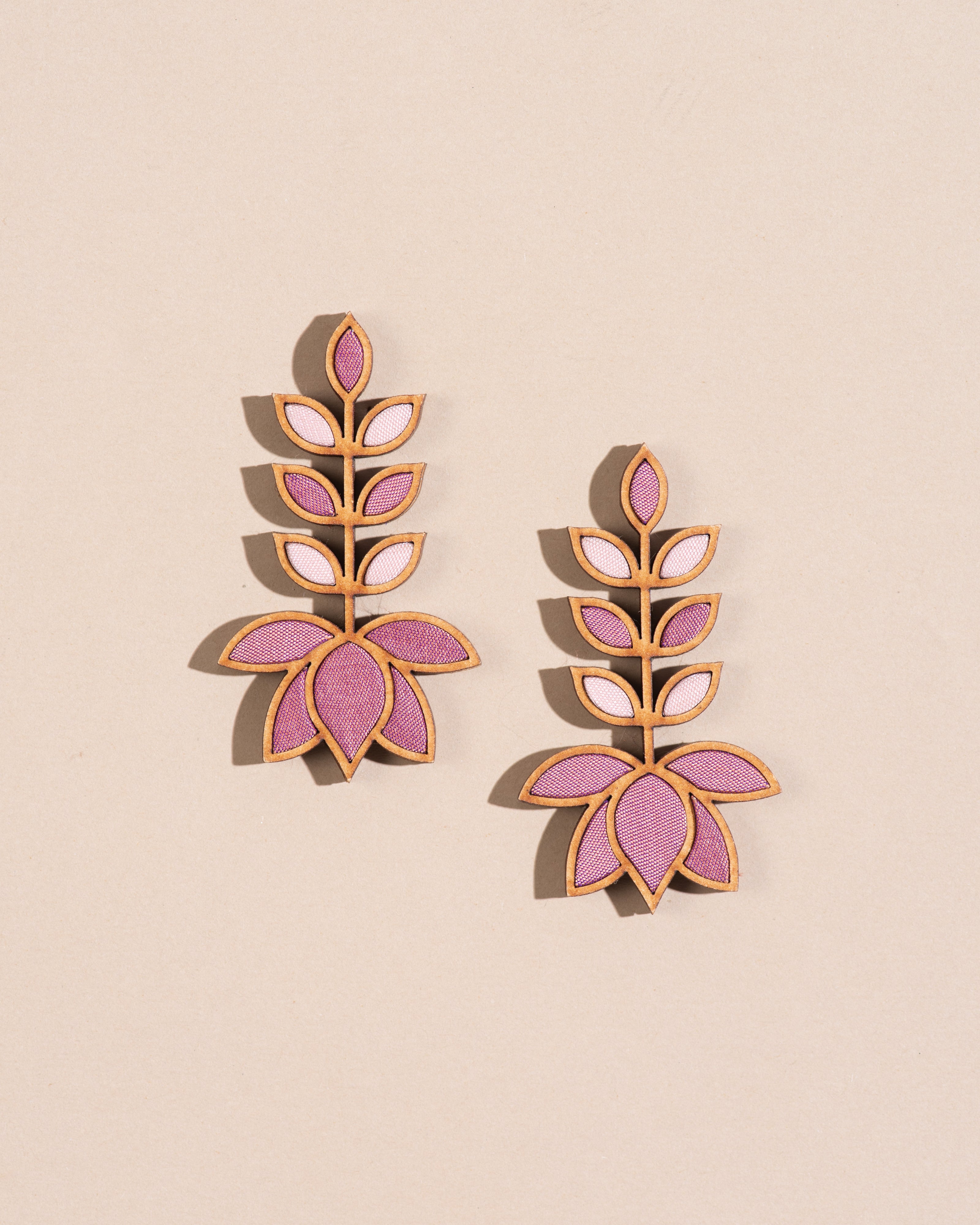 WHE Light Pink Festive Leaf Motif Repurposed Fabric and Wood Earrings