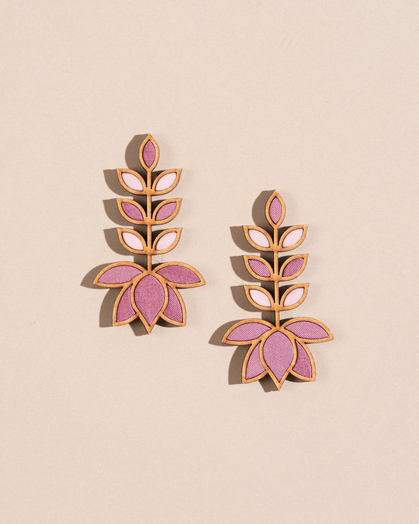 WHE Light Pink Festive Leaf Motif Repurposed Fabric and Wood Earrings