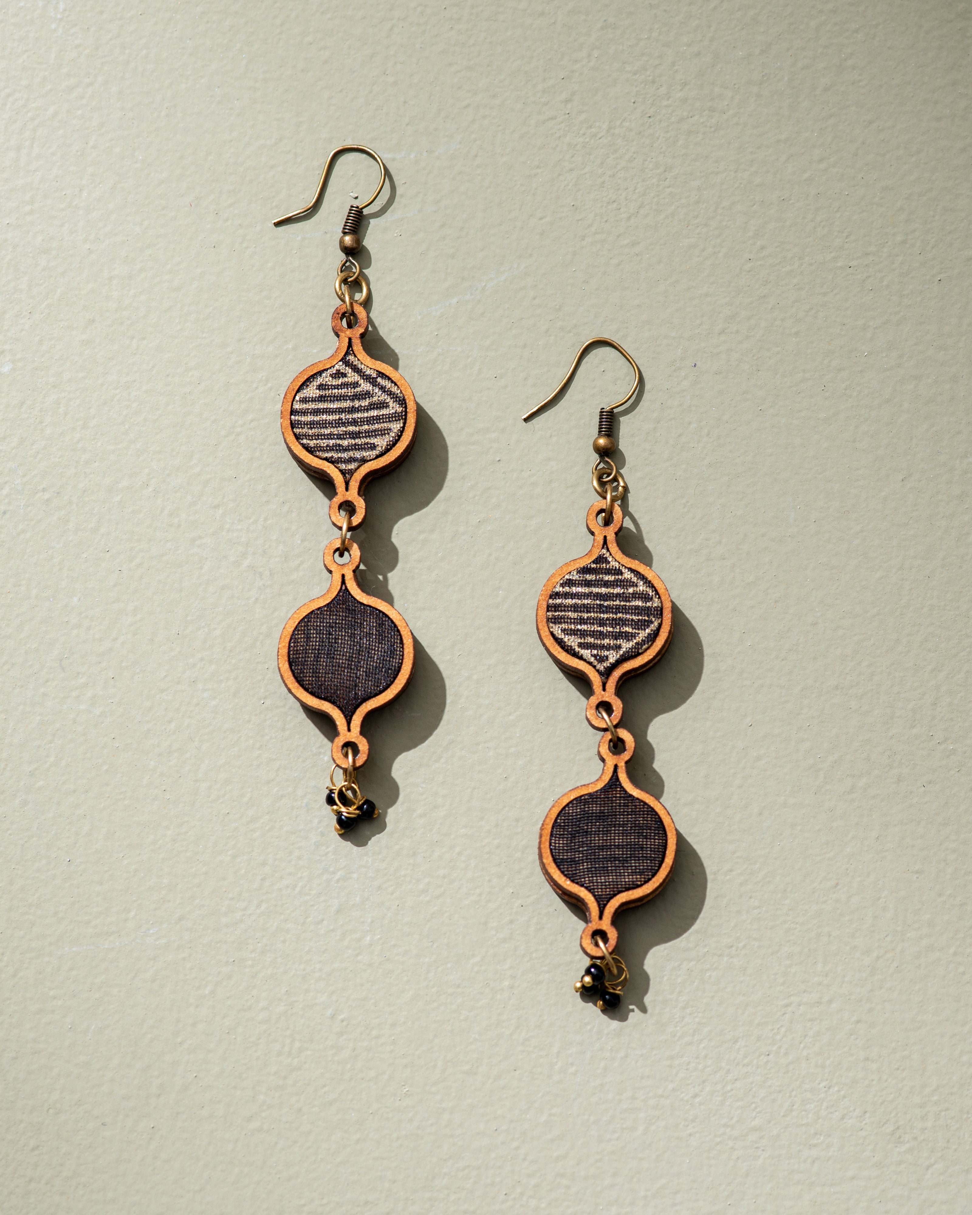 WHE Black and Gold Festive Multi Layered Repurposed Fabric and Wood Earrings