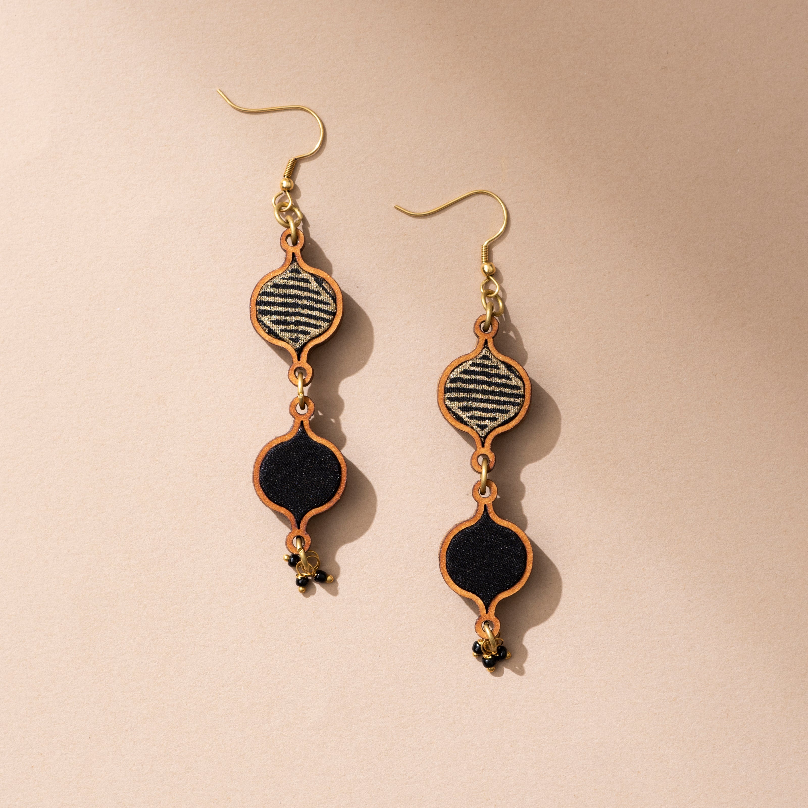 WHE Black and Gold Festive Multi Layered Repurposed Fabric and Wood Earrings