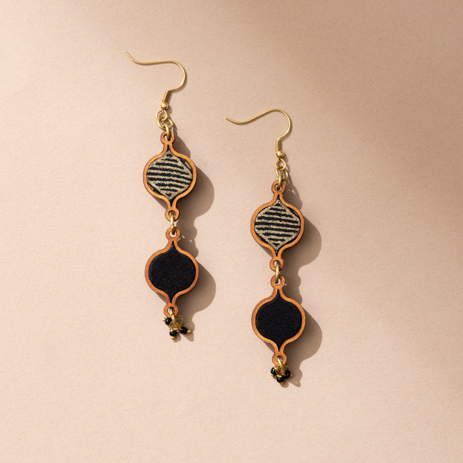 WHE Black and Gold Festive Multi Layered Repurposed Fabric and Wood Earrings