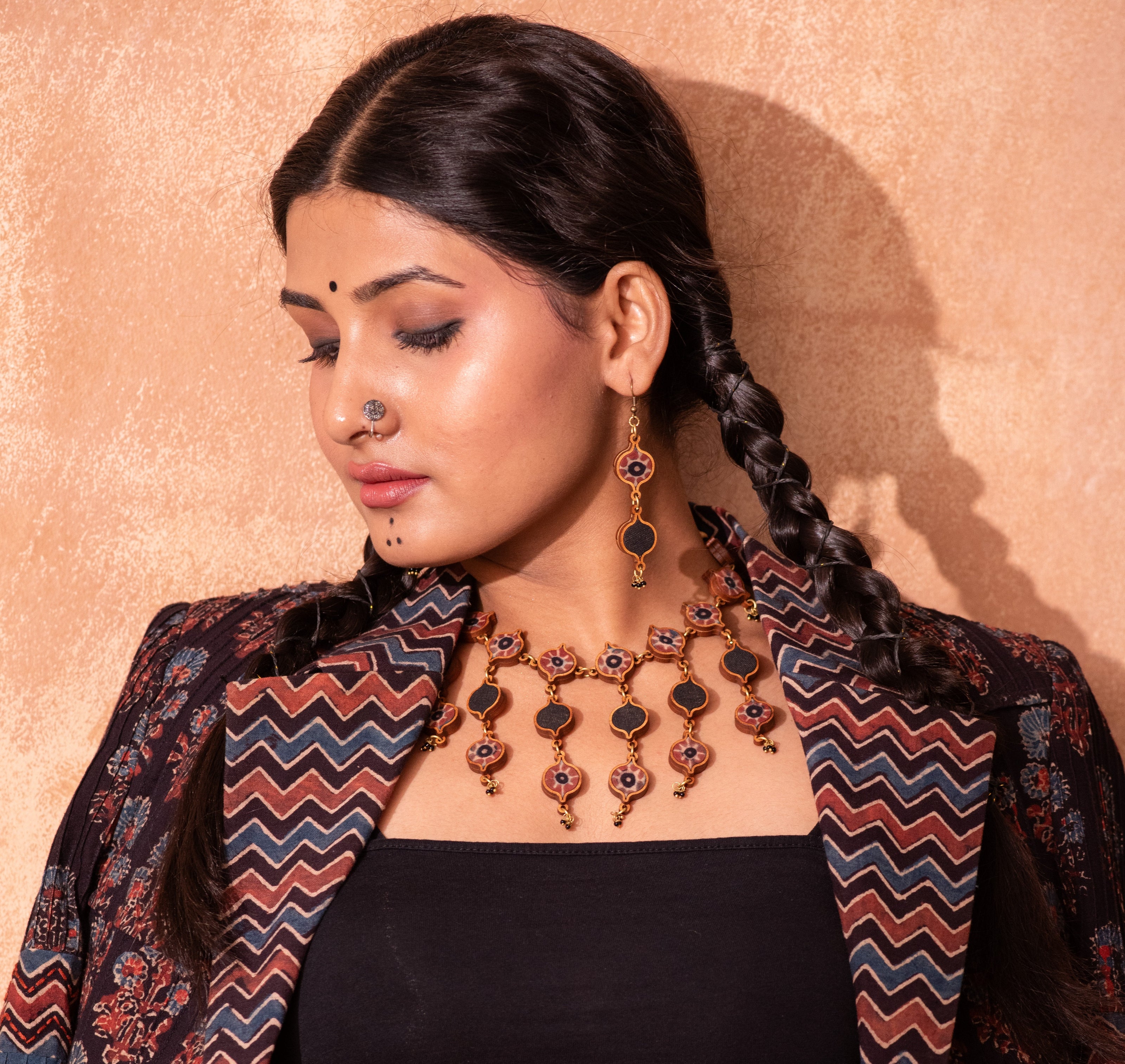 WHE Red and Black Multi Layered Repurposed Fabric and Wood Earrings