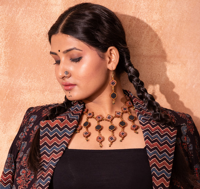 WHE Red and Black Multi Layered Repurposed Fabric and Wood Earrings