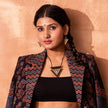 WHE Brown Repurposed Fabric and Wood Triangular Earrings