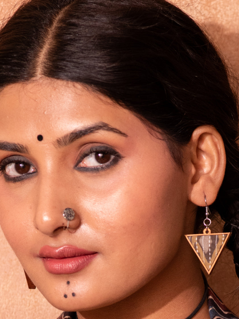 WHE Brown Repurposed Fabric and Wood Triangular Earrings