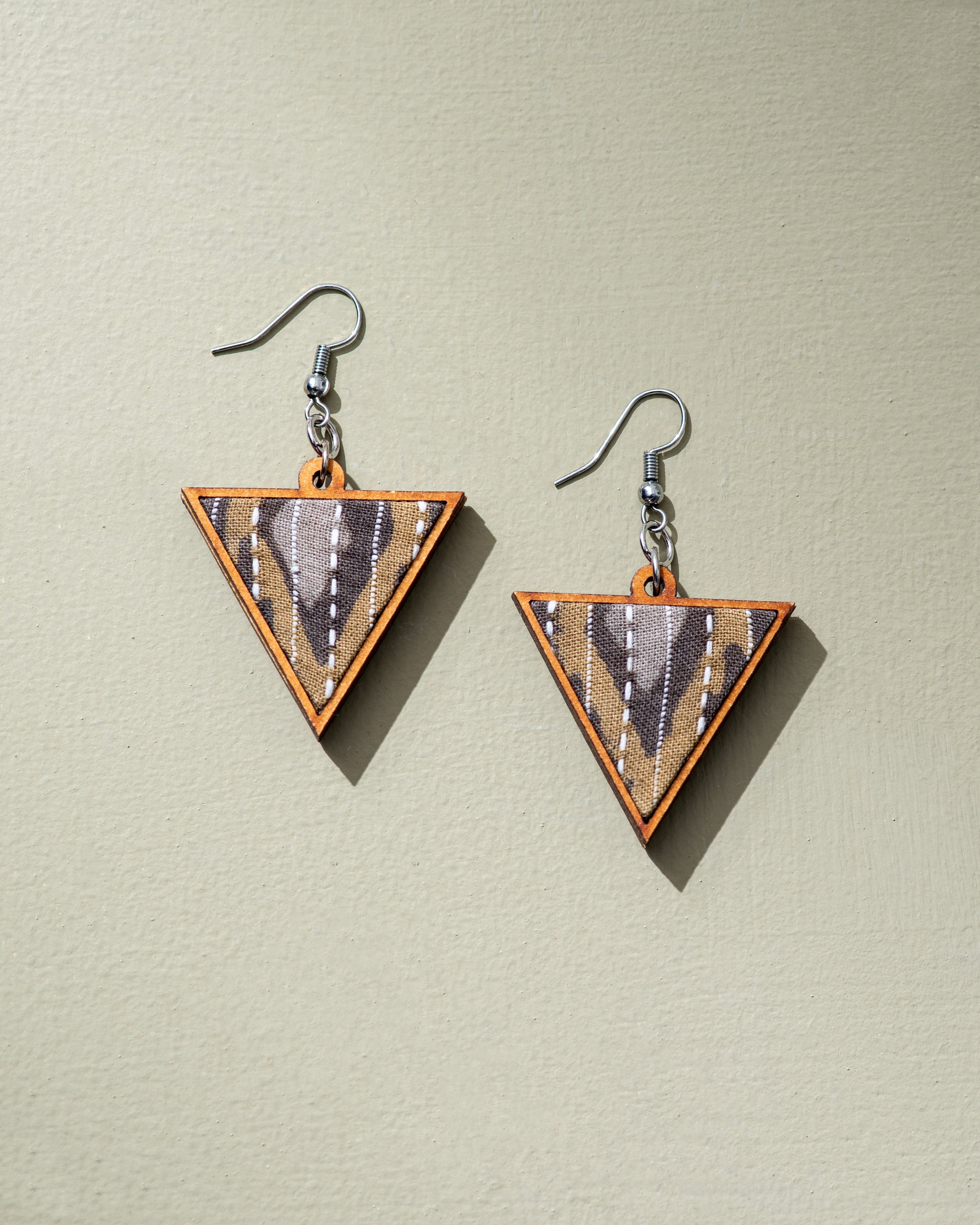 WHE Brown Repurposed Fabric and Wood Triangular Earrings