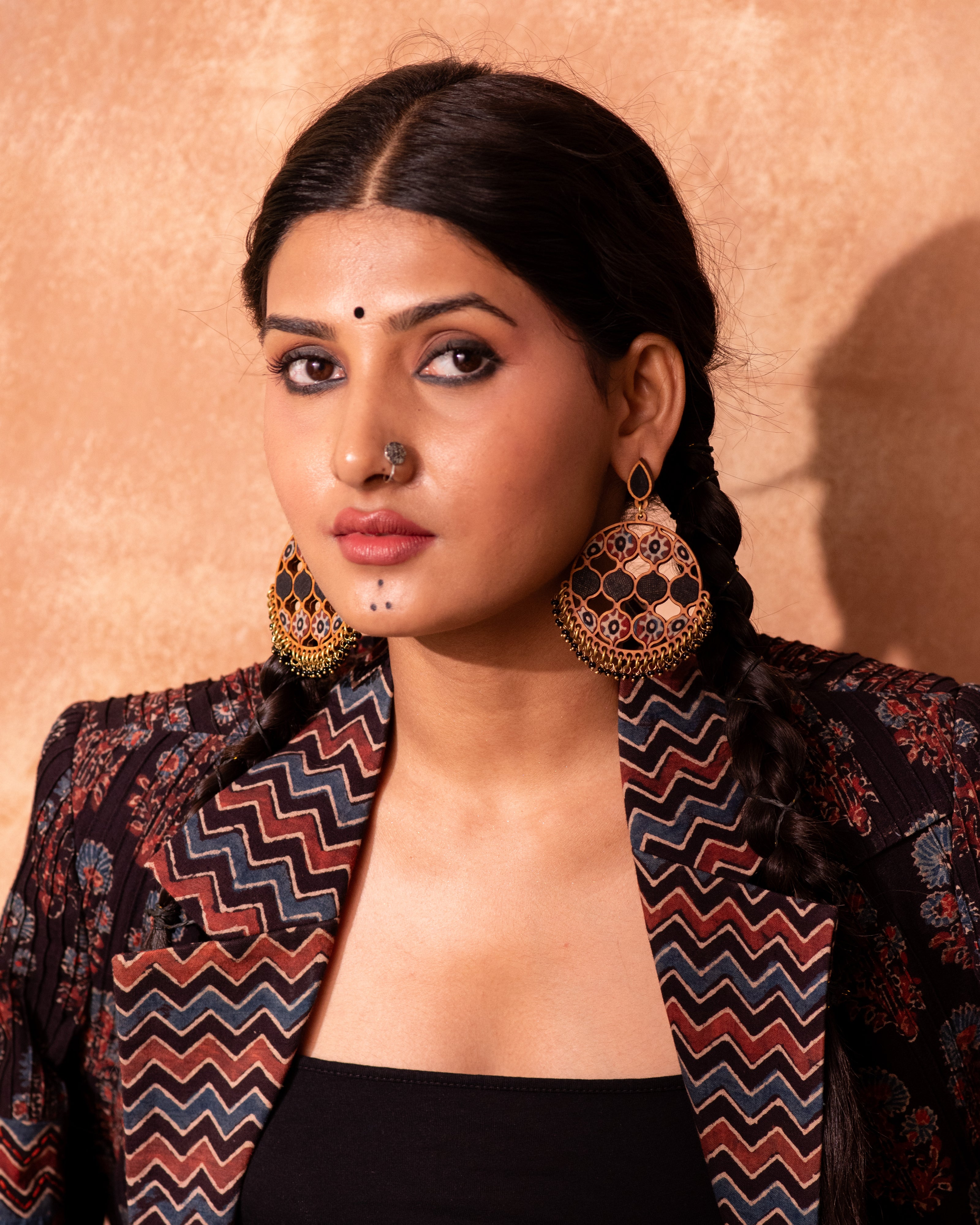 WHE Black Ajrakh Round Repurposed Fabric and Wood Earrings