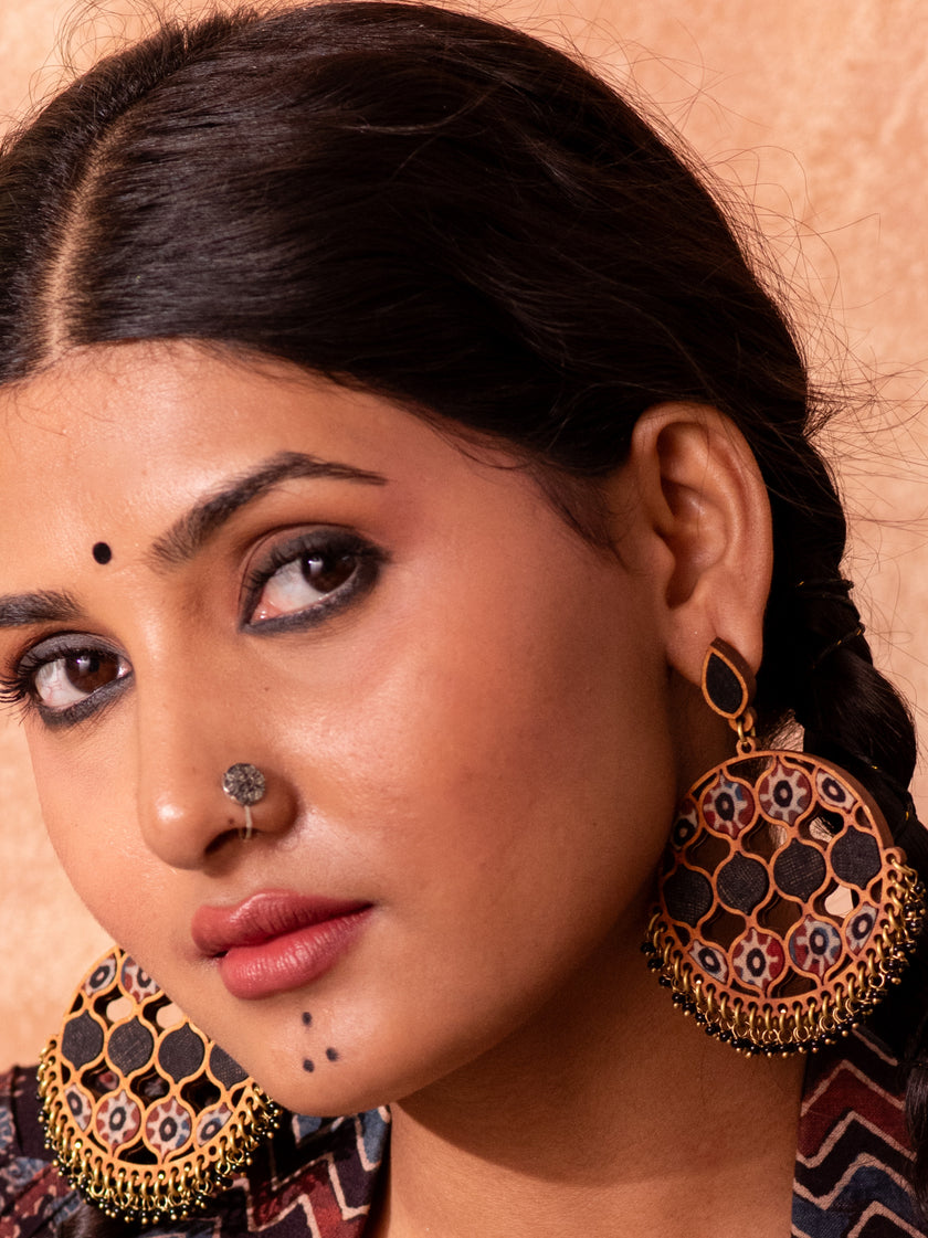 WHE Black Ajrakh Round Repurposed Fabric and Wood Earrings