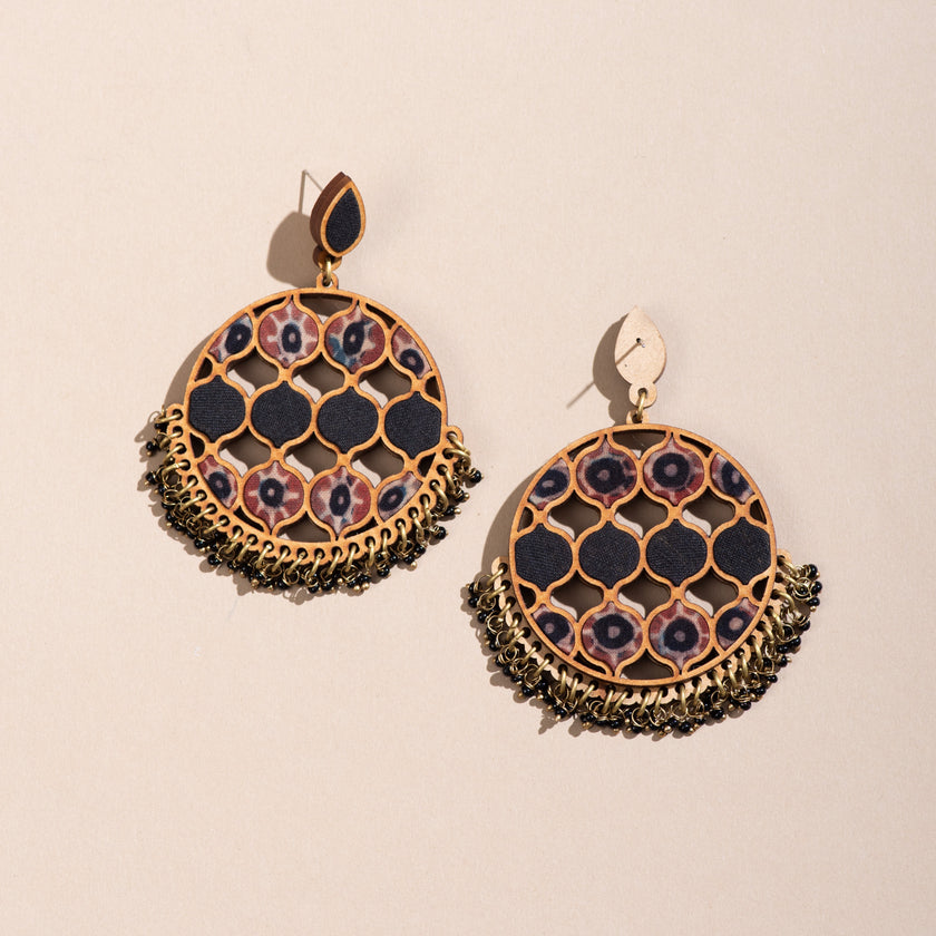 WHE Black Ajrakh Round Repurposed Fabric and Wood Earrings