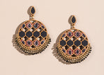 WHE Black Ajrakh Round Repurposed Fabric and Wood Earrings