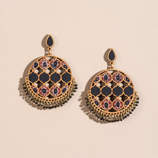 WHE Black Ajrakh Round Repurposed Fabric and Wood Earrings