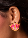 WHE Shades of Pink Bloom Lotus Repurposed Fabric and Wood Earrings