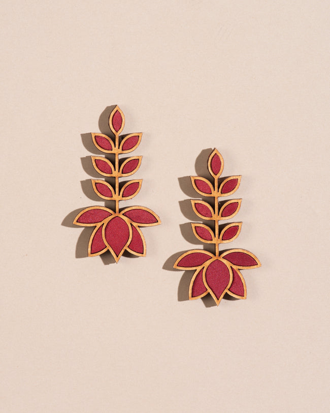 WHE Red Festive Leaf Motif Upcycled Fabric and Repurposed Wood Earrings