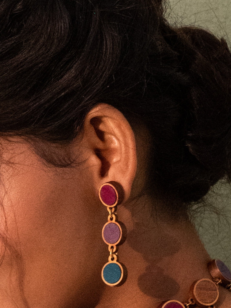WHE Purple Blue Repurposed Fabric and Wood Round Earring