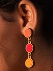 WHE Red Orange Festive Repurposed Fabric and Wood Round Earring