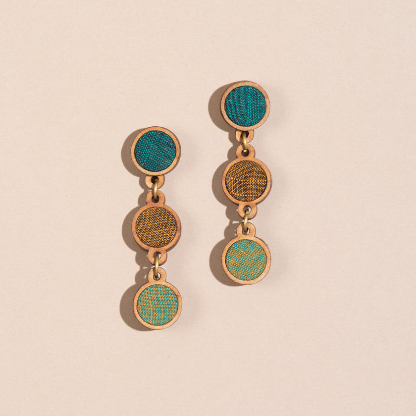 WHE Green Brown Repurposed Fabric and Wood Round Earring