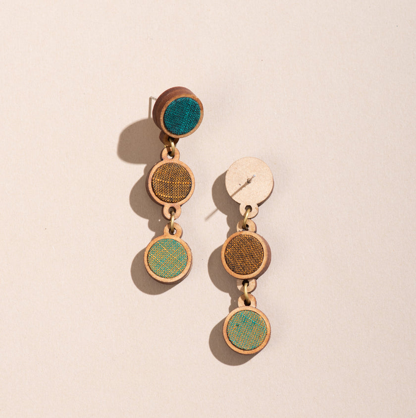 WHE Green Brown Repurposed Fabric and Wood Round Earring
