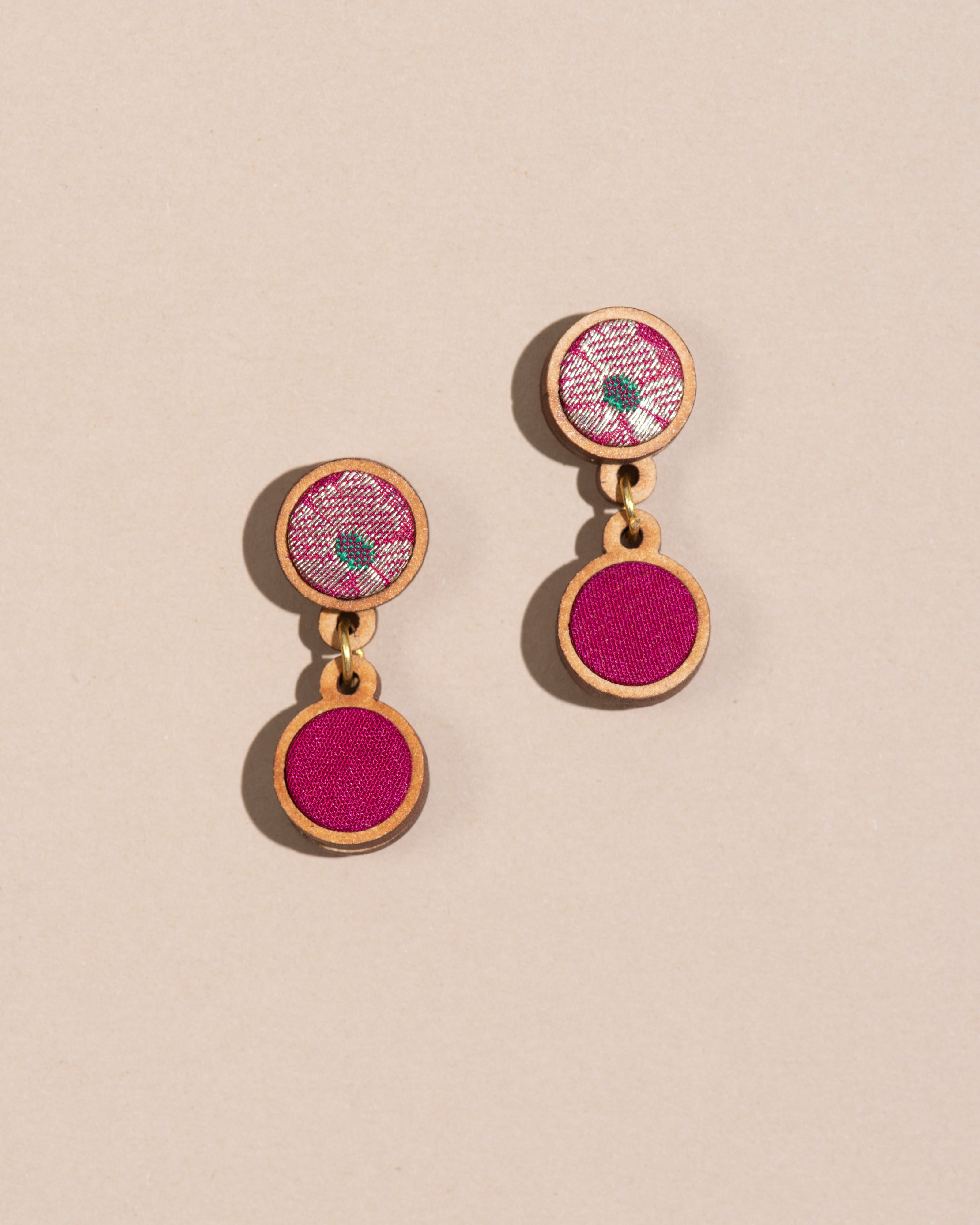 WHE Pink Pure Banarasi Repurposed Fabric and Wood Earrings