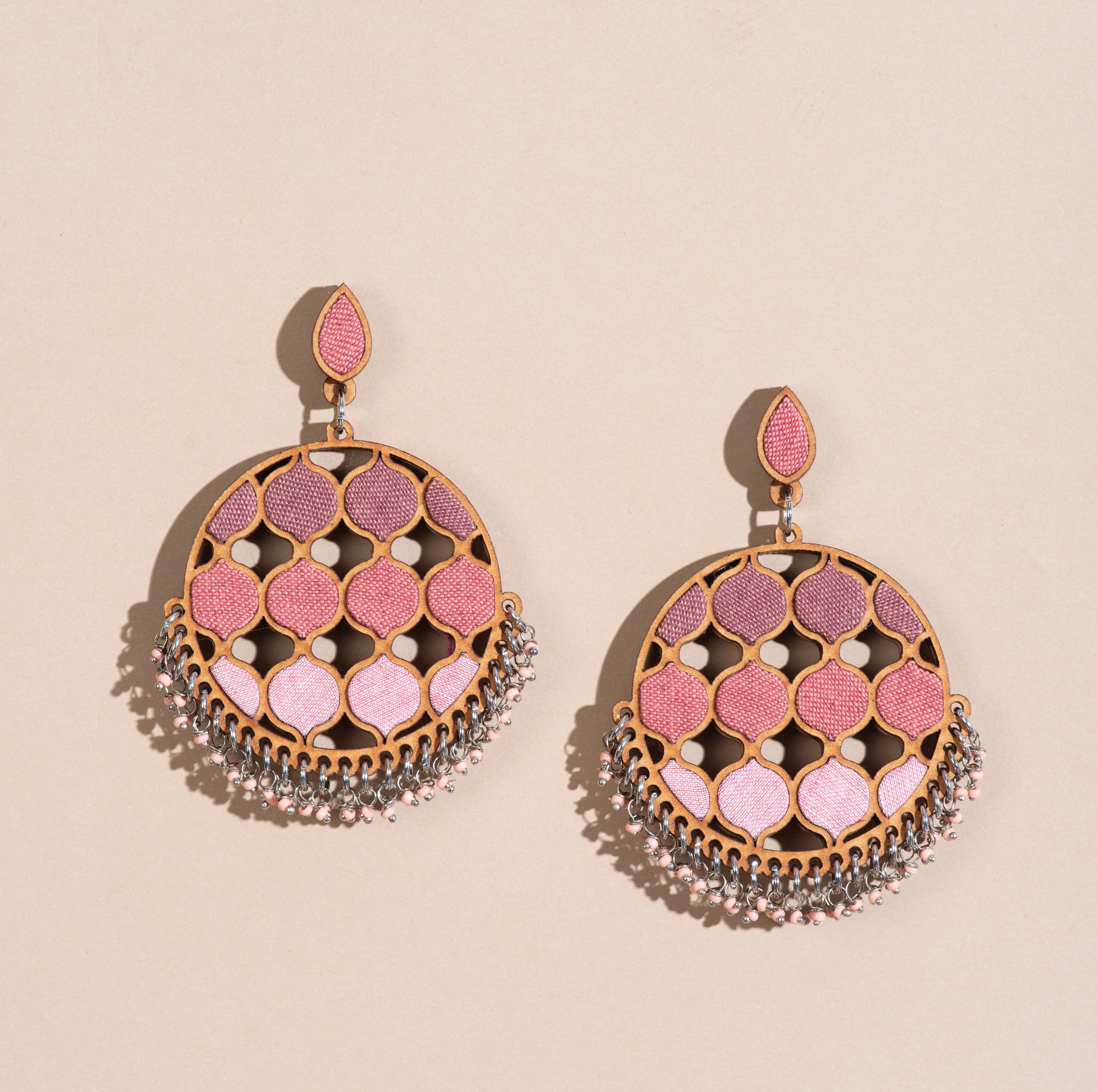 WHE Shades of Pink Repurposed Fabric and Wood Statement Earrings