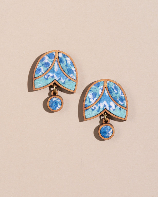WHE Shades of Blue Bloom Repurposed Fabric and Wood Stud Earrings