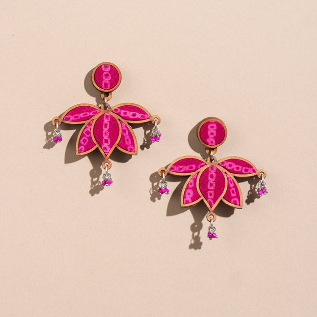 WHE Pink Pure Georgette Bandhani Repurposed Fabric and Wood Statement Lotus Earrings