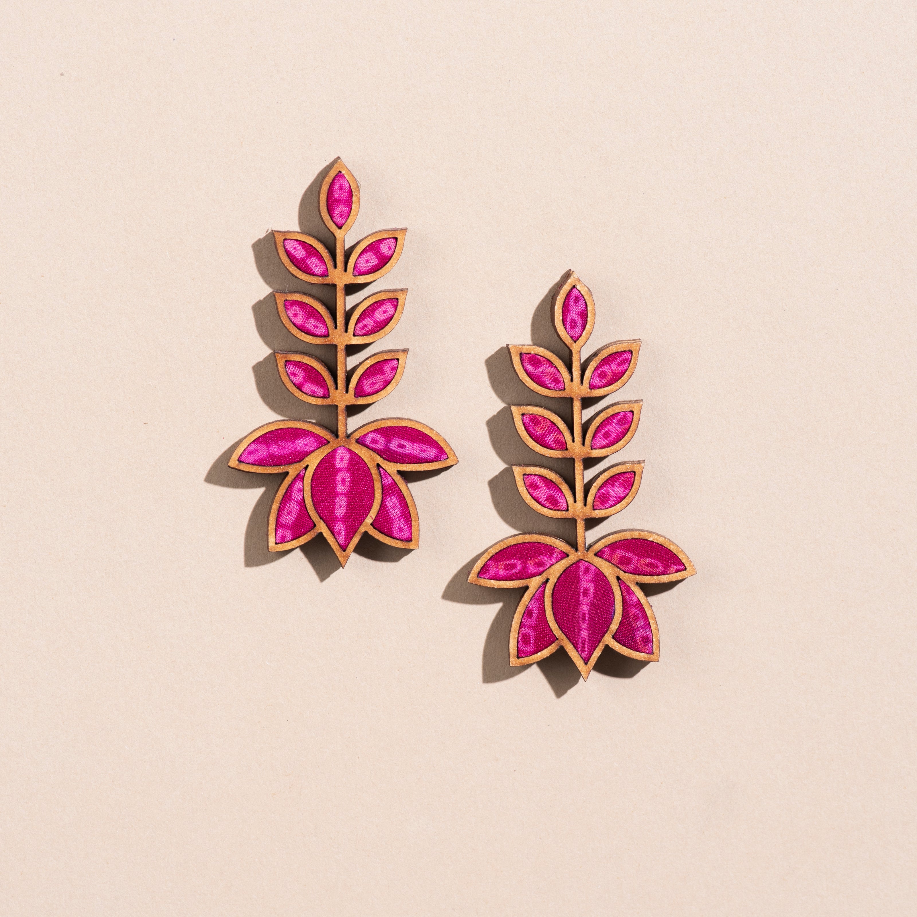 WHE Pink Pure Georgette Bandhani Repurposed Fabric and Wood Lotus Earrings