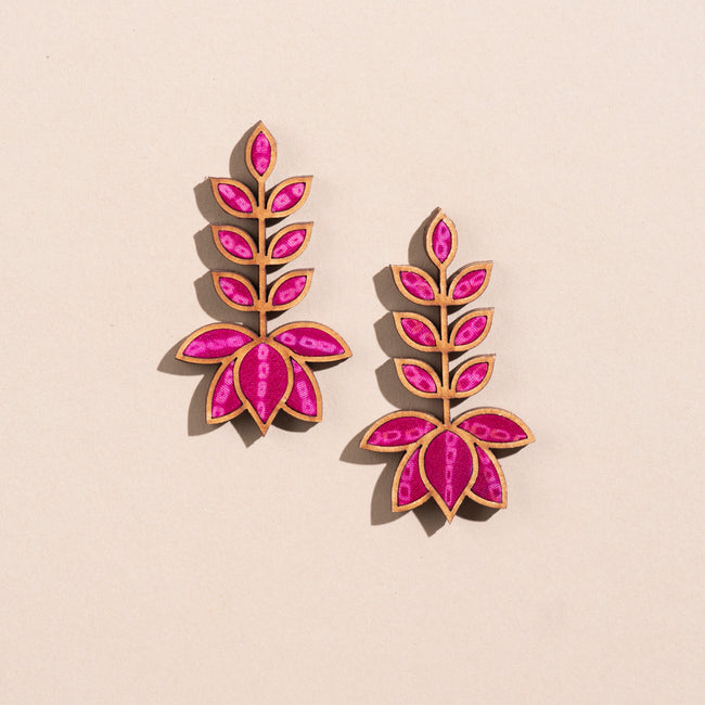 WHE Pink Pure Georgette Bandhani Repurposed Fabric and Wood Lotus Earrings