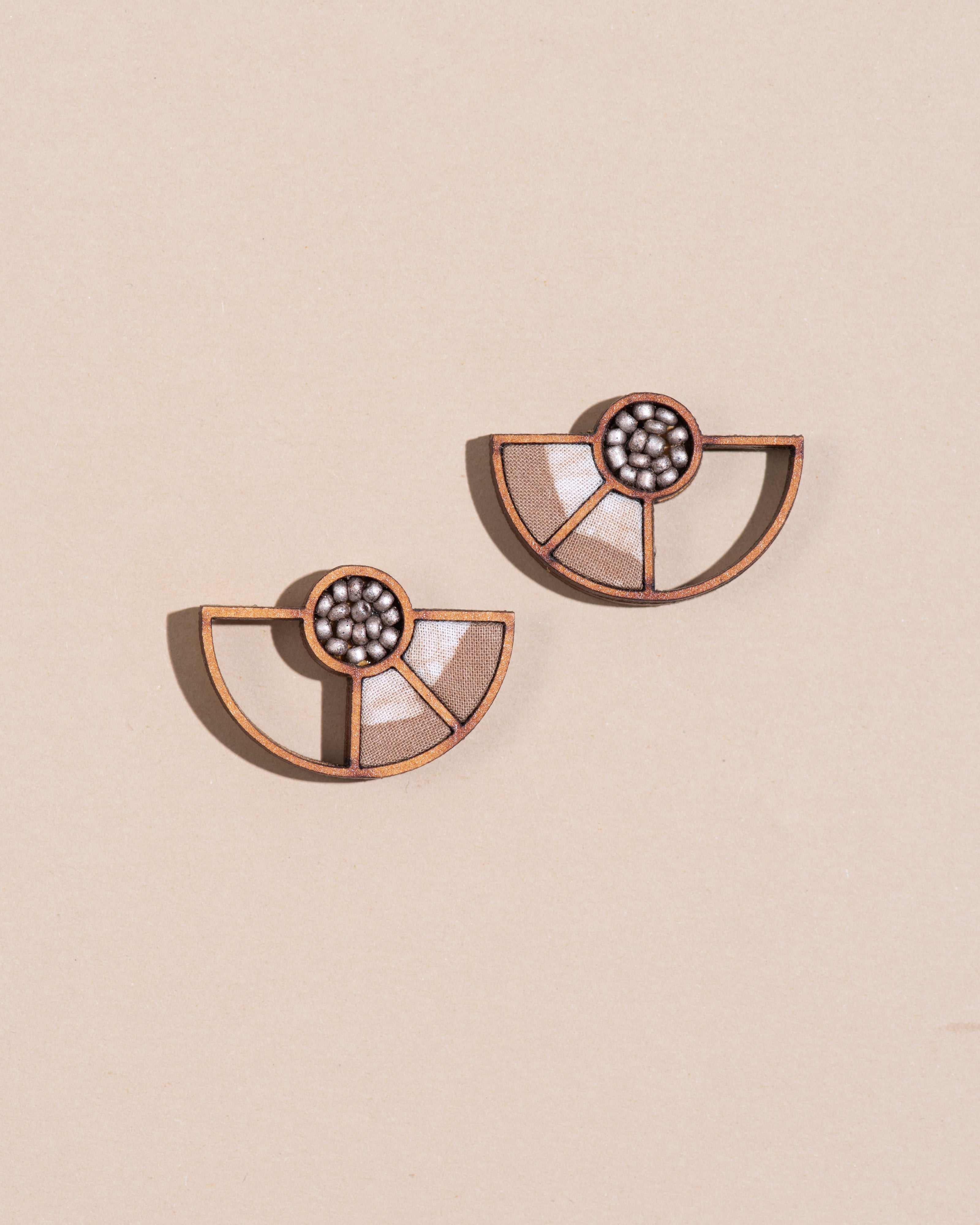 WHE Beige Geometrical Repurposed Fabric and Wood Earring