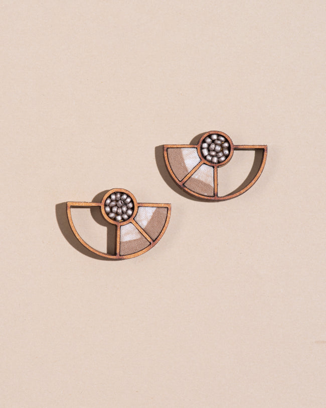 WHE Beige Geometrical Repurposed Fabric and Wood Earring