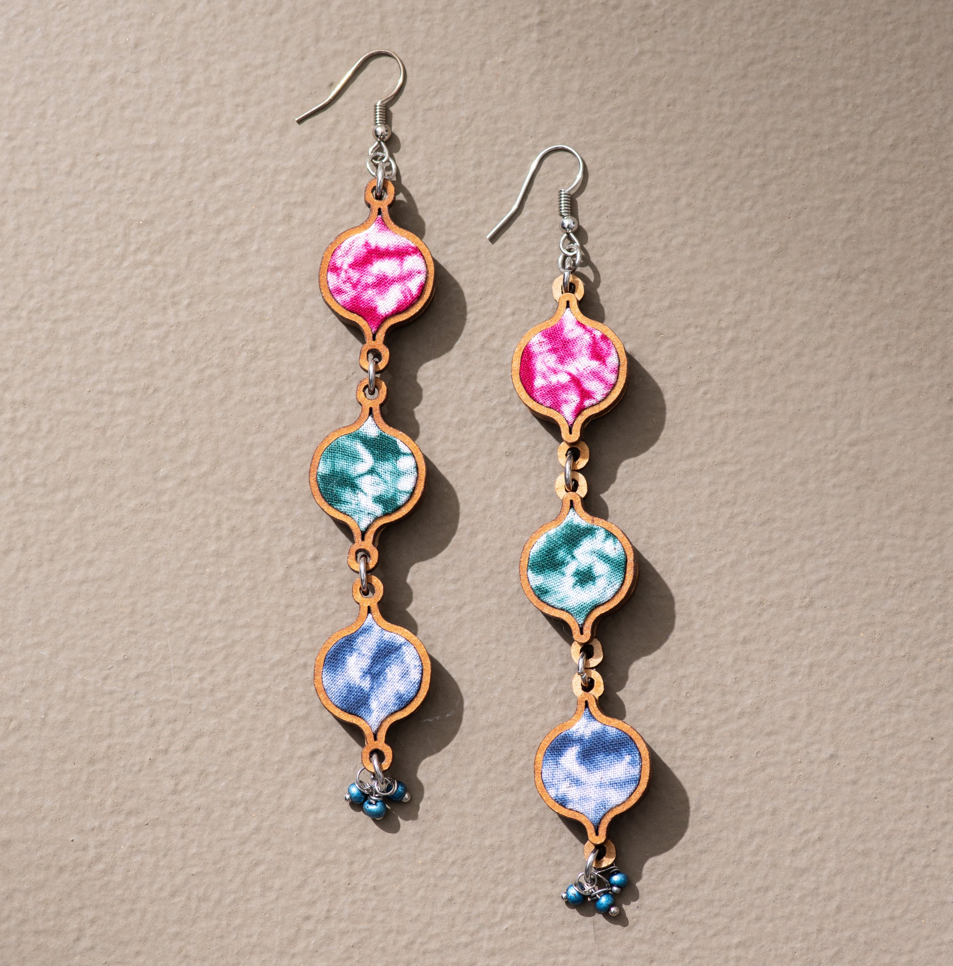 WHE Handcrafted Multicolor Tie and Dye Repurposed Wood and Fabric Dangler Earrings