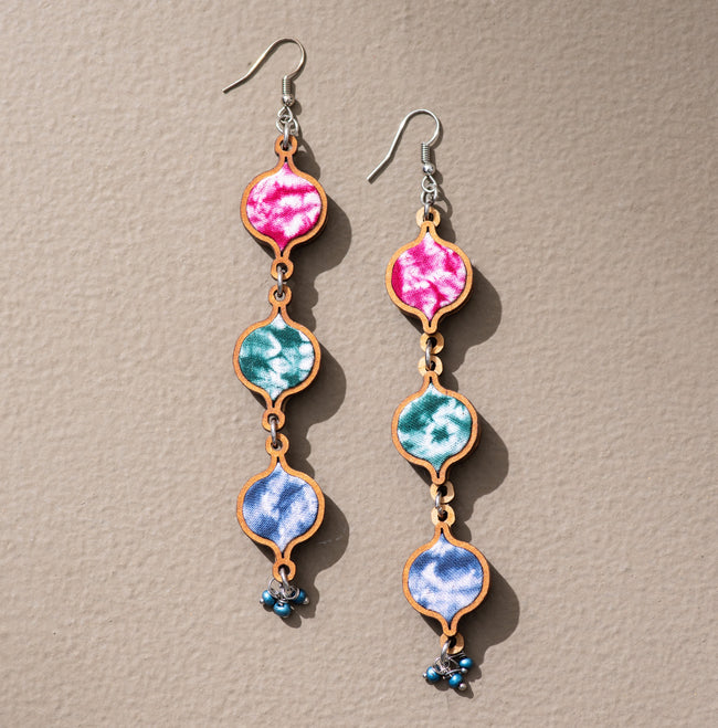 WHE Handcrafted Multicolor Tie and Dye Repurposed Wood and Fabric Dangler Earrings